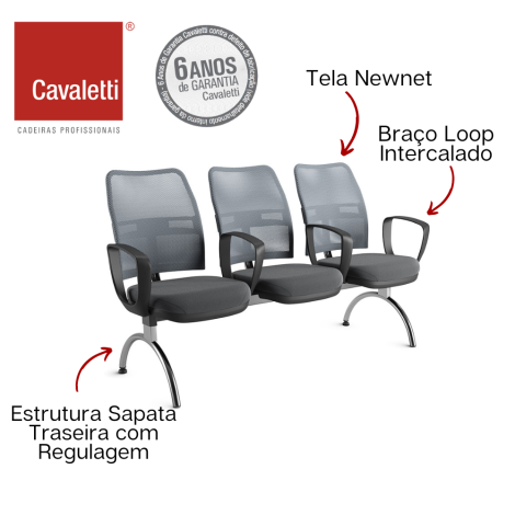 Cavaletti NewNet - Longarina Executiva / Suporte do encosto L2048 fixo / Braço Loop Intercalado / Sapata traseira com regulagem